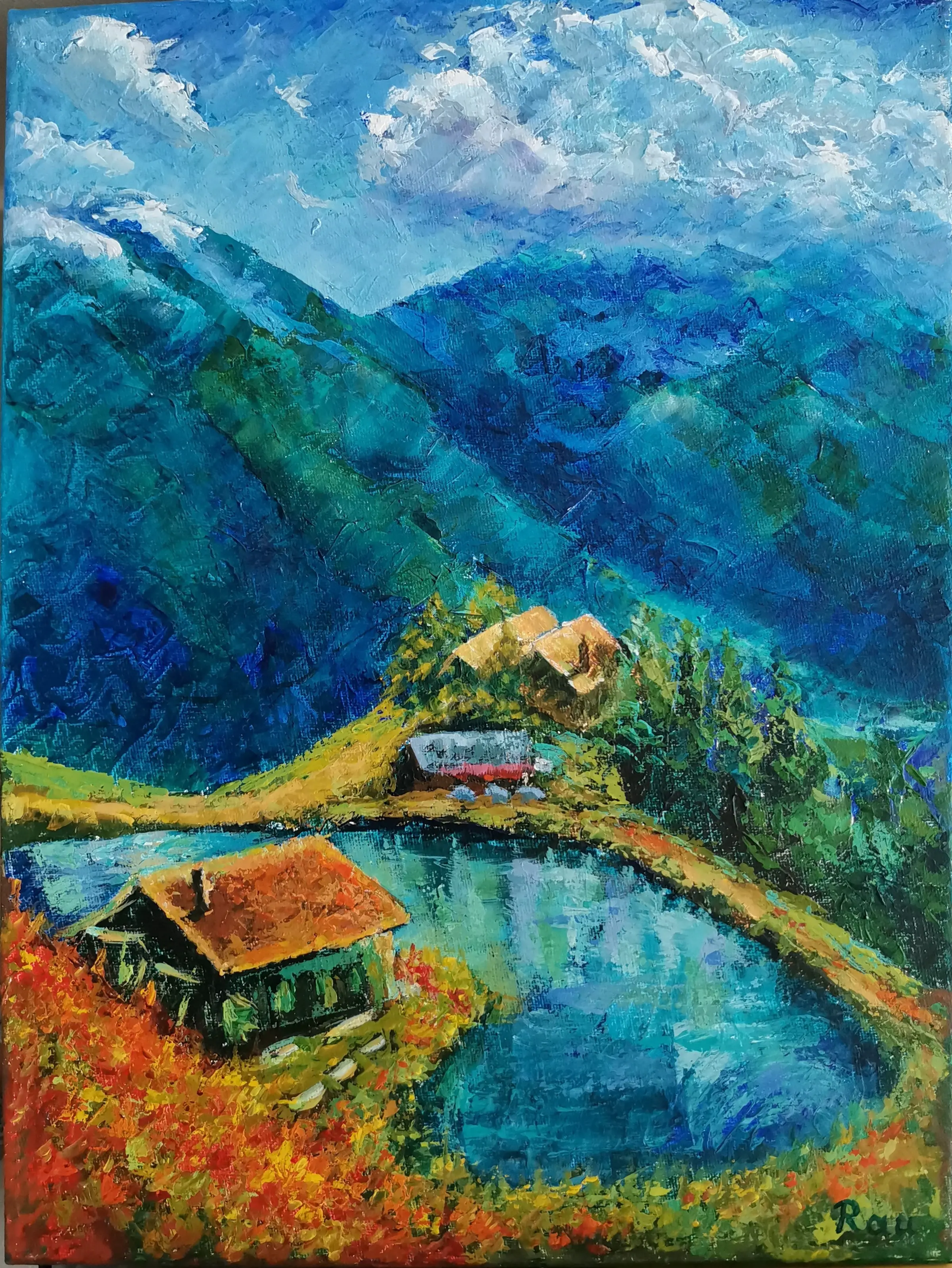 Jezero v horách. akryl 30x40